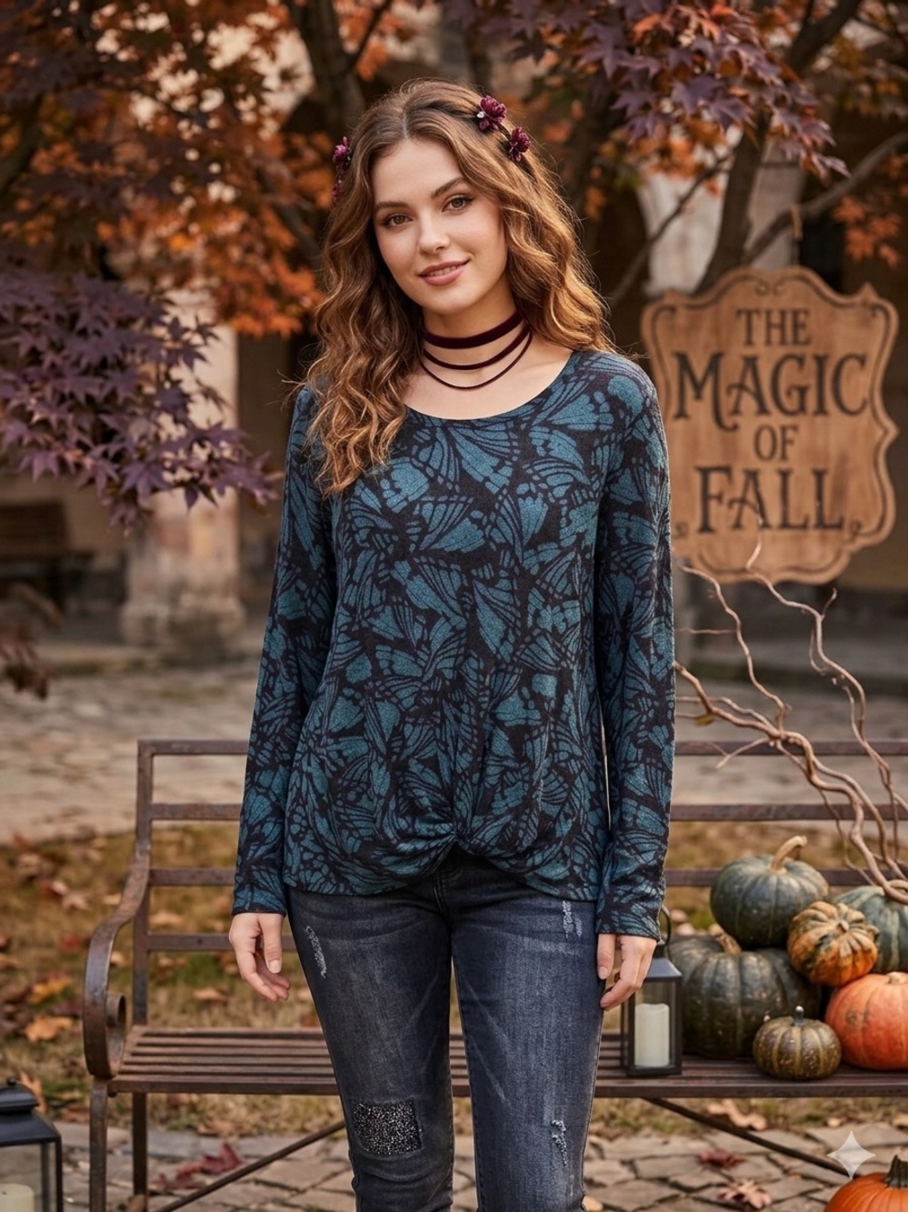 Black & Teal Butterfly-Print Bobeau Long Sleeve Top Soft Whimsigoth Dark XL